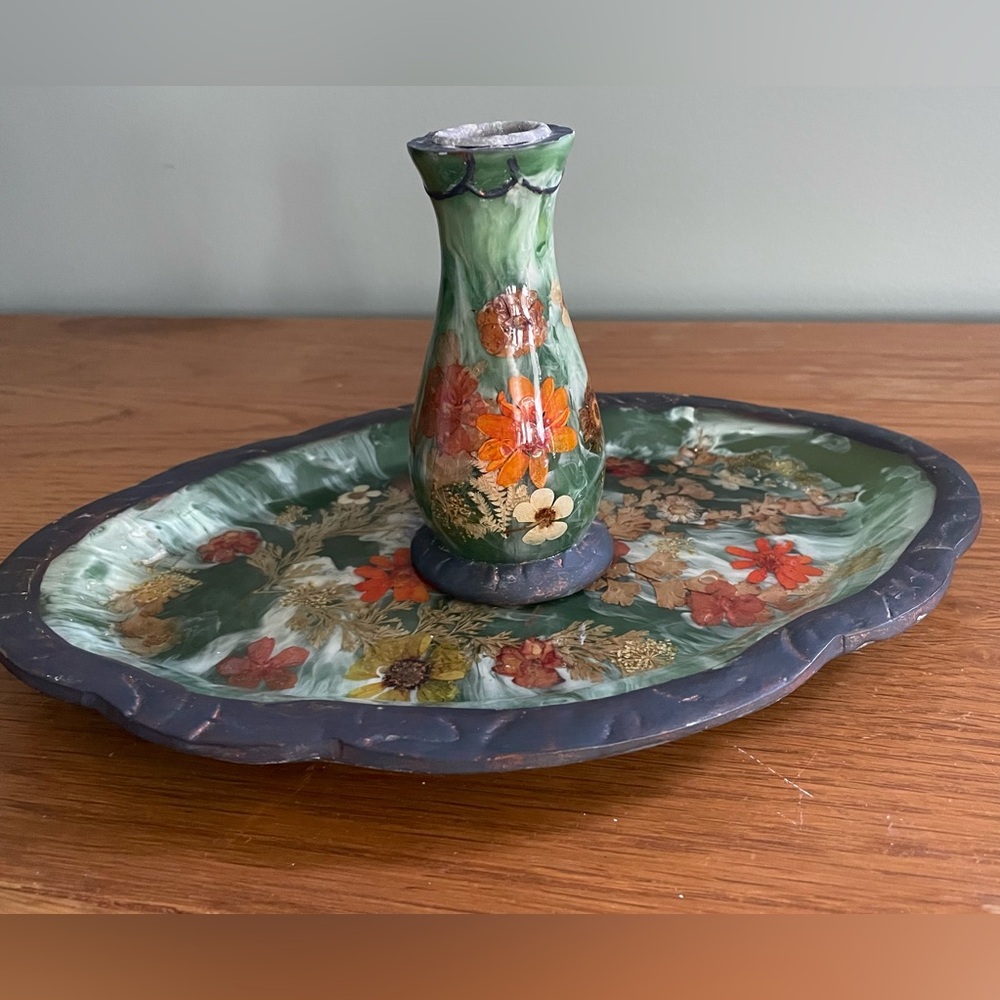 Vintage Pressed Flower Tray And Candleholder Decor Floral 2-Piece Set Beautiful